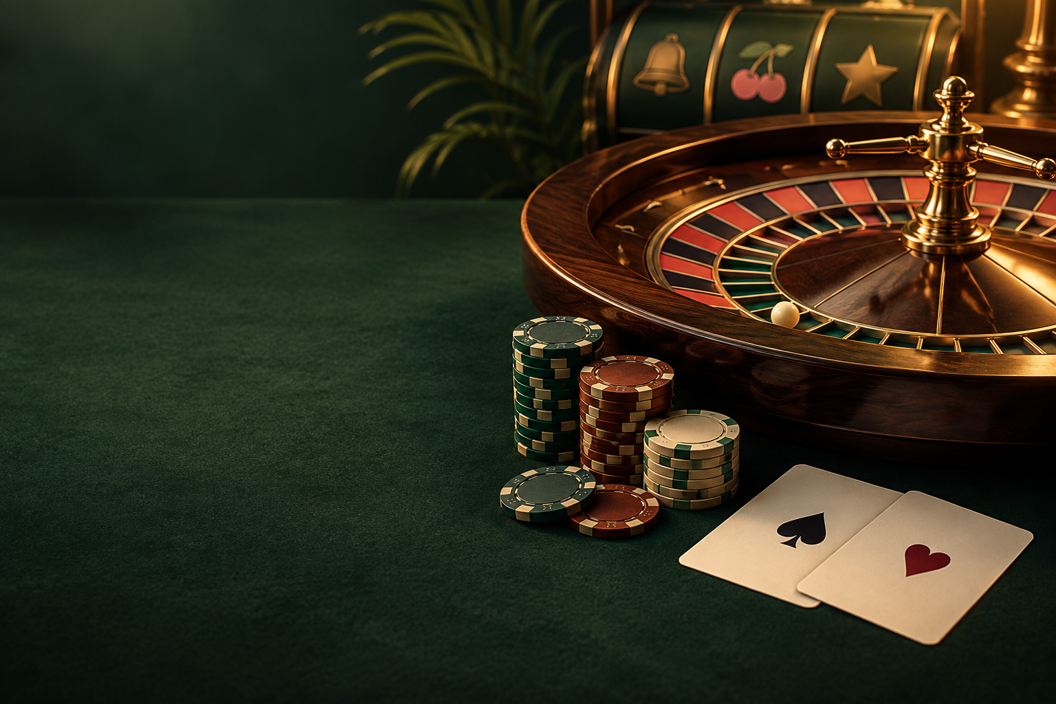 Ilustrasi meja roulette, kartu dan keping kasino dengan cahaya tembaga
